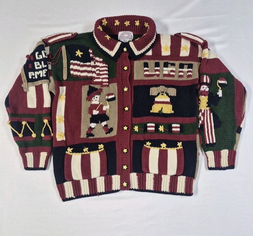 VTG 90s Traditional Trading Co M Hand Knit Americana Patriotic Cardigan Sweater